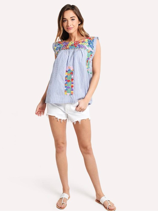j. marie Tops - J.Marie Blue Striped Floral Mexican Embroidered Sleeveless Top